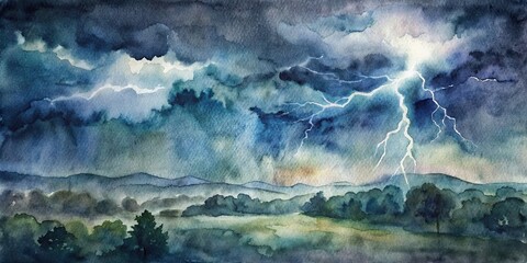 of a thunderstorm with lightning outdoors, created in watercolor , thunderstorm, lightning, outdoors, watercolor, stormy weather, sky, dramatic, atmospheric, dramatic, nature, natural disaster