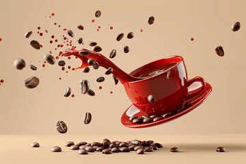A red cup of coffee with coffee beans around flying in the air, spilling out brown liquid, against a beige background - Powered by Adobe