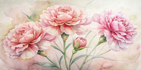 Composition of four pink carnations, render , greeting card watercolor, pink carnations, render,greeting card, watercolor, flowers, floral, pink, composition, design, delicate, feminine