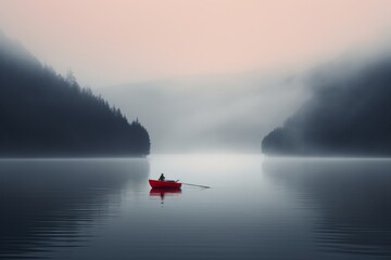 Enchanted Wilderness Red Canoe in Foggy, Misty Lake.