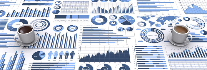 ビジネスチャートとコーヒーカップ、商談イメージ