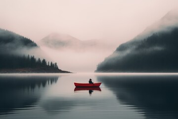  Solitary Serenity Canoe in Fog-Laden Lake with Mountain Backdrop