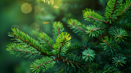 shot of the delicate green needles on an evergreen tree, with bokeh in a soft focus background.