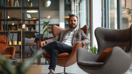 businessman or entrepreneur sitting in modern office waiting for a meeting with CEO to raise funding for the startup 