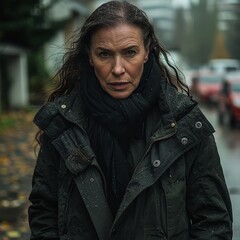 A middle-aged woman with long dark hair, wearing a black jacket and scarf, stands on a rainy street with a serious expression in an urban setting
