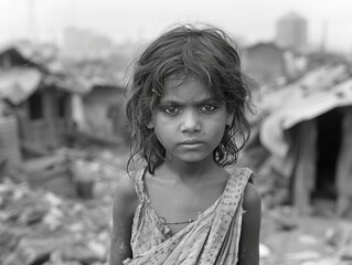 A young child with a solemn expression stands amidst the dilapidated surroundings of a poverty-stricken area, highlighting the stark realities of social inequality