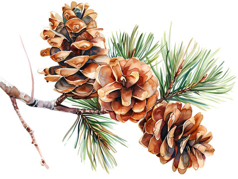 pine cones and needles on white