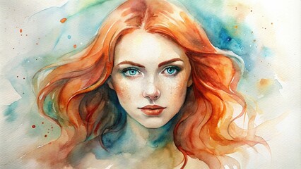 Healthy, shiny copper woman's hair depicted in a lustrous watercolor painting , hair, copper, shiny, healthy, woman, lustrous, watercolor, painting, beauty, vibrant, glossy, flowing