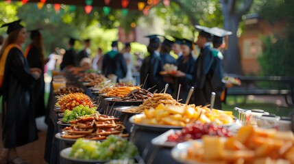 graduation party with a junk food bar, students in caps and gowns, colorful snacks, celebration vibes, Generated with AI