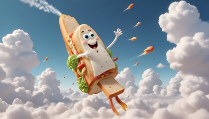 very tall sandwich taking off like a rocket, rocket explosion, off the ground, in the clouds, weird, whimsical, product photography