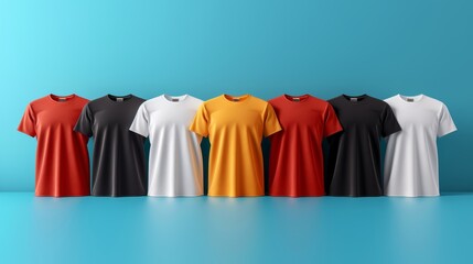 A row of colorful casual T-shirts including red, black, yellow, and white colors neatly arranged against a vibrant turquoise blue background