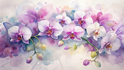 Watercolor background shows off elegant orchids
