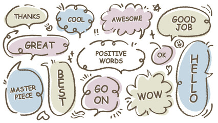 Comic style cute quote speech bubble with positive words. Set of hand drawn memo frame vector. Cartoon doodle crayon drawing cloud, box, message. Flat vector. Best, Awesome, WOW, Master, Piece, Go