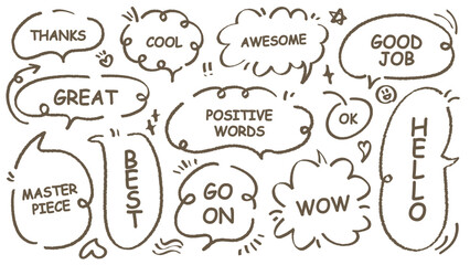 Comic style cute quote speech bubble with positive words. Set of hand drawn memo frame vector. Cartoon doodle crayon drawing cloud, box, message. Flat vector. Best, Awesome, WOW, Master, Piece, Go
