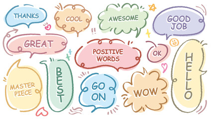 Comic style cute quote speech bubble with positive words. Set of hand drawn memo frame vector. Cartoon doodle crayon drawing cloud, box, message. Flat vector. Best, Awesome, WOW, Master, Piece, Go