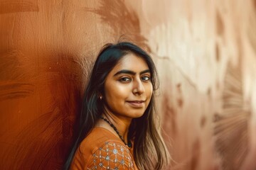 Fototapeta premium A young woman with a calm expression stands against a textured, earthy orange wall, showcasing vibrant cultural attire and serene ambiance in a dynamic urban setting