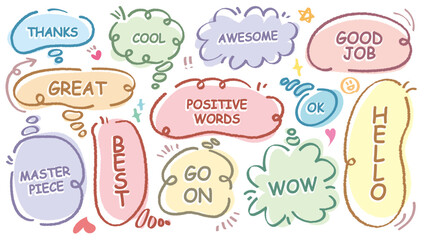 Comic style cute quote think speech bubble with positive words. Set of hand drawn memo frame. Cartoon doodle crayon drawing cloud, box, message. Flat vector. Best, Awesome, WOW, Master, Piece, Go
