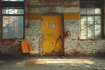 The image portrays an industrial, abandoned building with a vibrant yellow door and a single vintage chair illuminated by sunlight through broken windows - Powered by Adobe