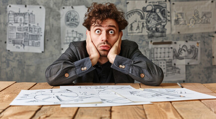 Obraz premium Businessman looking on drawing business sketch Minimalistic Photo