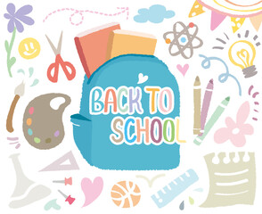 Back to school doodle, colorful hand drawn with crayon. BTS welcome school begin semester background pattern Vector illustration. Out-line draw with book bag. Ruler, Pencil, Science, Art, Scissors