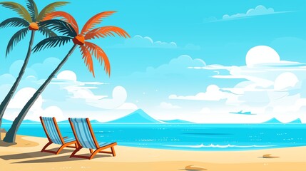 Obraz premium Scenic Tropical Beach with Chairs and Palms on a Sunny Day