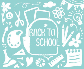 Back to school doodle, colorful hand drawn with crayon. BTS welcome school begin semester background pattern Vector illustration. Out-line draw with book bag. Ruler, Pencil, Science, Art, Scissors