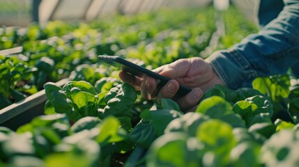 A farmer checking their smartphone app for AIgenerated yield projections for their greenhouse produce.