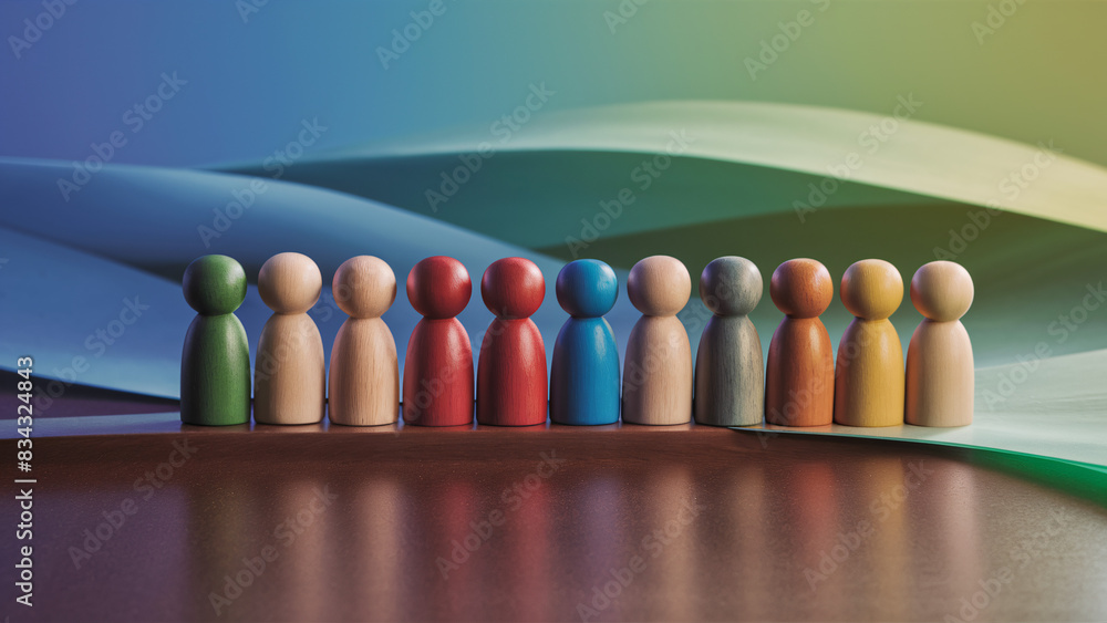 Poster diversity and inclusion concept poster featuring colorful wooden figures representing unity and equa