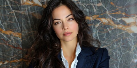Fototapeta premium Portrait of a confident woman with brunette hair wearing a blue blazer standing against a marble patterned background