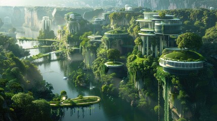 Breathtaking futuristic city with lush greenery on cliff sides and advanced sustainable...