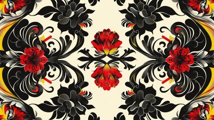 Abstract seamless pattern with red black and yellow floral elements Vintage inspired silk scarf design