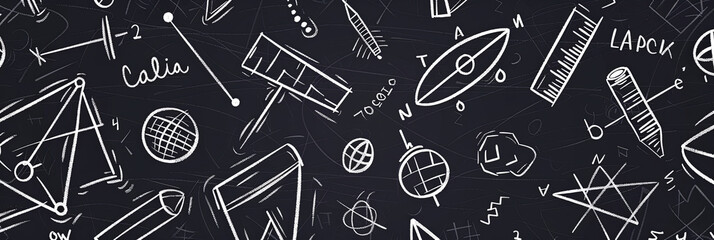 hand drawn white math and physics equations on blackboard background, generative AI