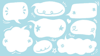 Set of hand drawn style cute memo sticker. Variety abstract shapes of blue speech bubble. quote color frames blank with crayon draw. Chat box balloon cloud. Label tag collection vector for text