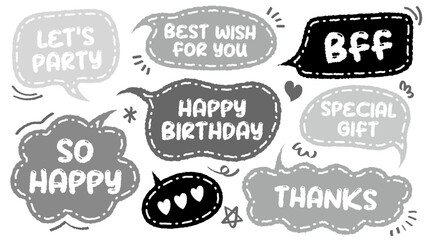 Set of hand drawn style birthday cute memo sticker. Variety abstract shapes of blue speech bubble. Quote gray scale frames blank with crayon draw. Chat box balloon cloud. Party, Happy, Gift, Wish, BFF