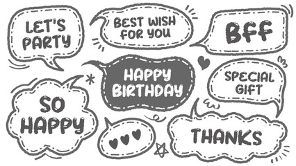 Set of hand drawn style birthday cute memo sticker. Variety abstract shapes of blue speech bubble. Quote gray scale frames blank with crayon draw. Chat box balloon cloud. Party, Happy, Gift, Wish, BFF
