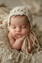 A serene and heartwarming photograph of a peacefully sleeping baby wearing an intricately crocheted hat, resting on a beautifully textured lace blanket