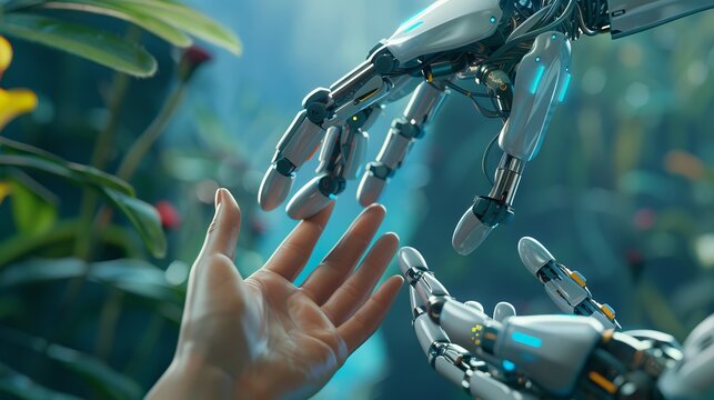 New technology trends in 2024 concept. Initiative innovation and technology. Digital and technology transformation in business and industry. 3D rendering AI robot and human hand on digital background 
