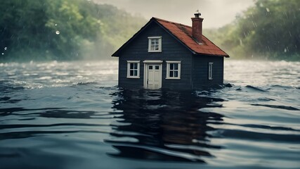 house in the sea,A house figure drowning in water, natural disasters and floods concept background