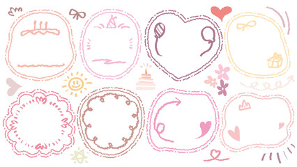 Set of hand drawn out-line speech bubble with Girl Happy Birthday inscription. Cute memo party sticker. Draw with crayon quote frame. Comic doodle style birthday label. Romantic pink blank for text.