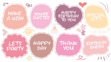 Set of hand drawn speech bubble with Girl Happy Birthday inscription. Cute memo party sticker. Draw with crayon quote frame. Comic doodle style birthday label. Romantic blank for text. Balloon, Cake