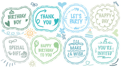 Set of hand drawn speech bubble with Boy Happy Birthday inscription. Cute memo party sticker. Draw with crayon quote frame. Comic doodle style birthday label. Romantic blank for text. Balloon, Cake