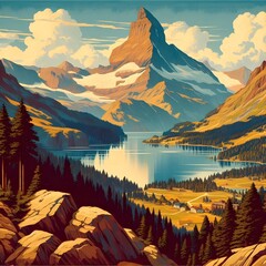 There is a lake, trees, and a snow-capped mountain in this scenic mountain landscape.