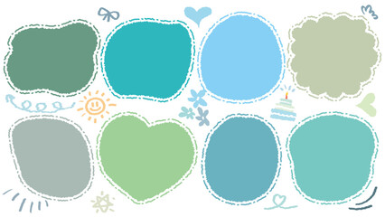 Set of hand drawn speech bubble with Boy Happy Birthday inscription. Cute memo party sticker. Draw with crayon quote frame. Comic doodle style birthday label. Romantic blank for text. Balloon, Cake