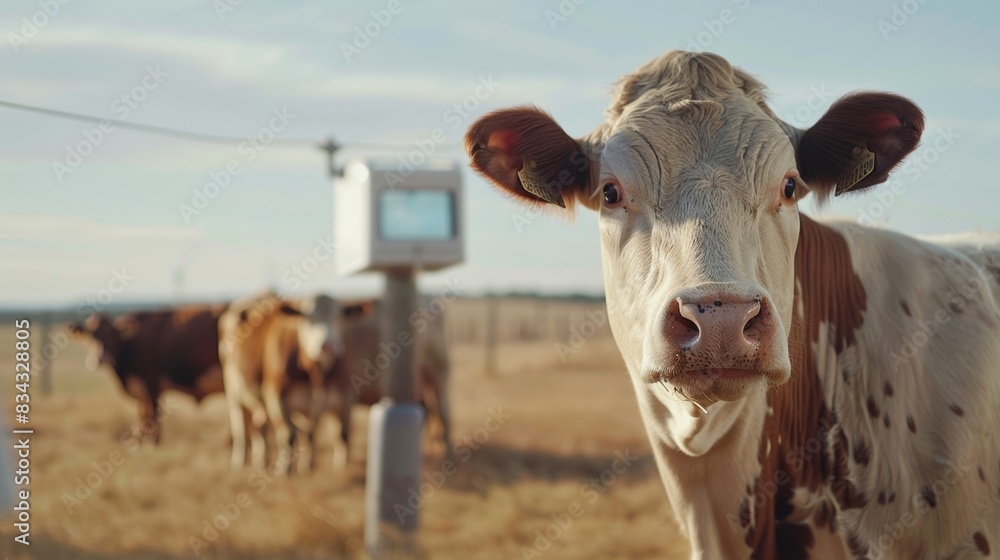 Poster a group of cows stand in front of a remote health check station where they are scanned for bloat fev