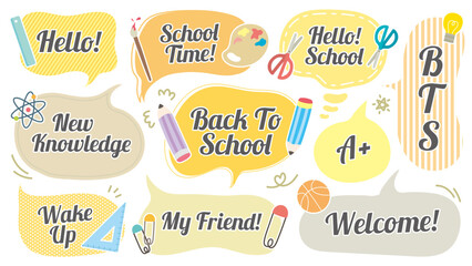Obraz premium Back to school theme speech bubble. Set of BTS cute memo sticker. Welcome school begin the semester chat box. Stationery pattern balloon cloud. Pencil, Ruler, Science, Art, Math, Knowledge, Paper clip