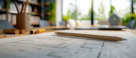 A blank mockup of a construction blueprint lies on an architect's desk, awaiting the design expertise of a professional builder.