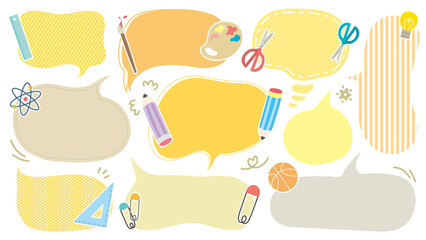 School theme colorful speech bubble for text. Set of blank BTS cute memo sticker. Stationery pattern chat box cloud balloon. Pencil, Ruler, Science, Art, Math, Student, Light bulb, Atom, Scissor Sport
