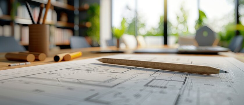 A blank mockup of a construction blueprint lies on an architect's desk, awaiting the design expertise of a professional builder.