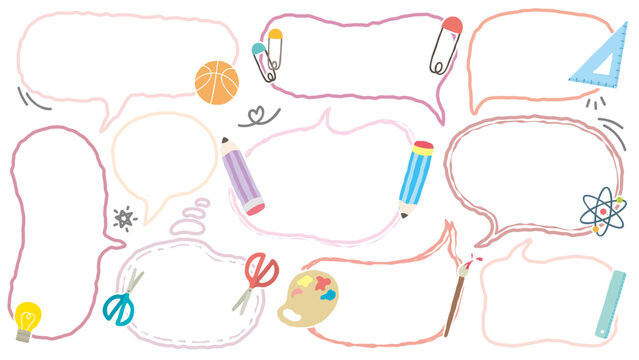 School theme hand-drawn style out-line speech bubble for text. Set of blank BTS crayon cute memo sticker. Stationery pattern crayon drawing balloon cloud. Pencil, Science, Art, Math, Paper clip, Sport