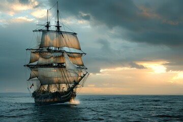 A stunning view of a majestic sailing ship navigating through calm waters at sunset, with dramatic clouds and serene reflections creating an awe-inspiring maritime scene
